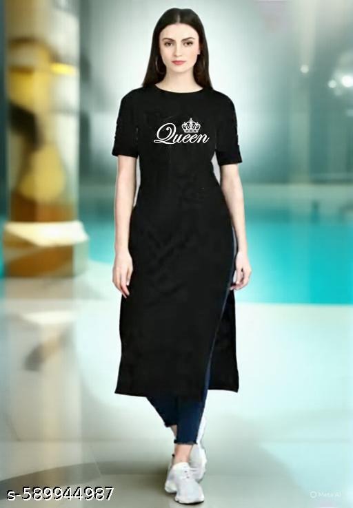 Women & Girls Black Long Kurti | Printed T-shirt Fabric