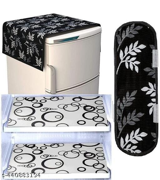REFRIGERATOR ACESSORIES Name : Trimly Fridge Accessory Set - Top Cover, Handle Covers, and Protective PVC Mats Material : Polyester Type : Fridge Covers Set : Fridge Top+Handle Cover+Fridge Mat Pattern : Printed Product Breadth : 21 Inch Product Length : 39 Inch Product Height : 0.5 Inch Net Quantity (N) : 4 Keep your refrigerator clean, organized, and stylish with Trimly's multipurpose fridge cover set. This combo pack is designed to protect your fridge from dust, spills, and daily wear while adding a touch of elegance to your kitchen.