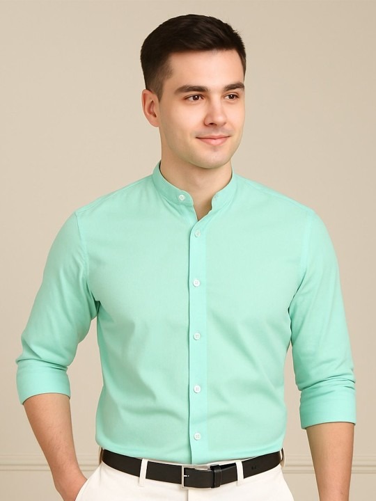 Product Details Sea green solid opaque formal shirt ,has a mandarin collar, button placket, long regular sleeves, straight hem Size & Fit Fit: Slim Fit The model (height 6') is wearing a size 40 Material & Care Pure Cotton Machine Wash