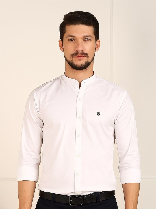 Product Details Sea green solid opaque formal shirt ,has a mandarin collar, button placket, long regular sleeves, straight hem Size & Fit Fit: Slim Fit The model (height 6') is wearing a size 40 Material & Care Pure Cotton Machine Wash