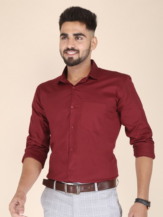 Size Brand Size Chest (in) Front Length (in) Across Shoulder (in) 38 M 41.0 28.0 17.5 40 L 43.0 28.5 18.5 42 XL 45.0 29.0 19.0Product Details Maroon solid opaque casual shirt ,has a spread collar, button placket, 1 patch pocket, long regular sleeves, curved hem Size & Fit Brand Fit: Fit: Slim Fit The model (height 6') is wearing a size 40 Material & Care Cotton Blend Machine Wash