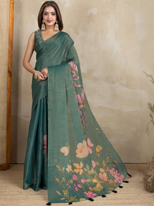 Product Details Green Printed Art Silk Block Print Sarees Material & Care material- Art silk CareDescription-Normal wash