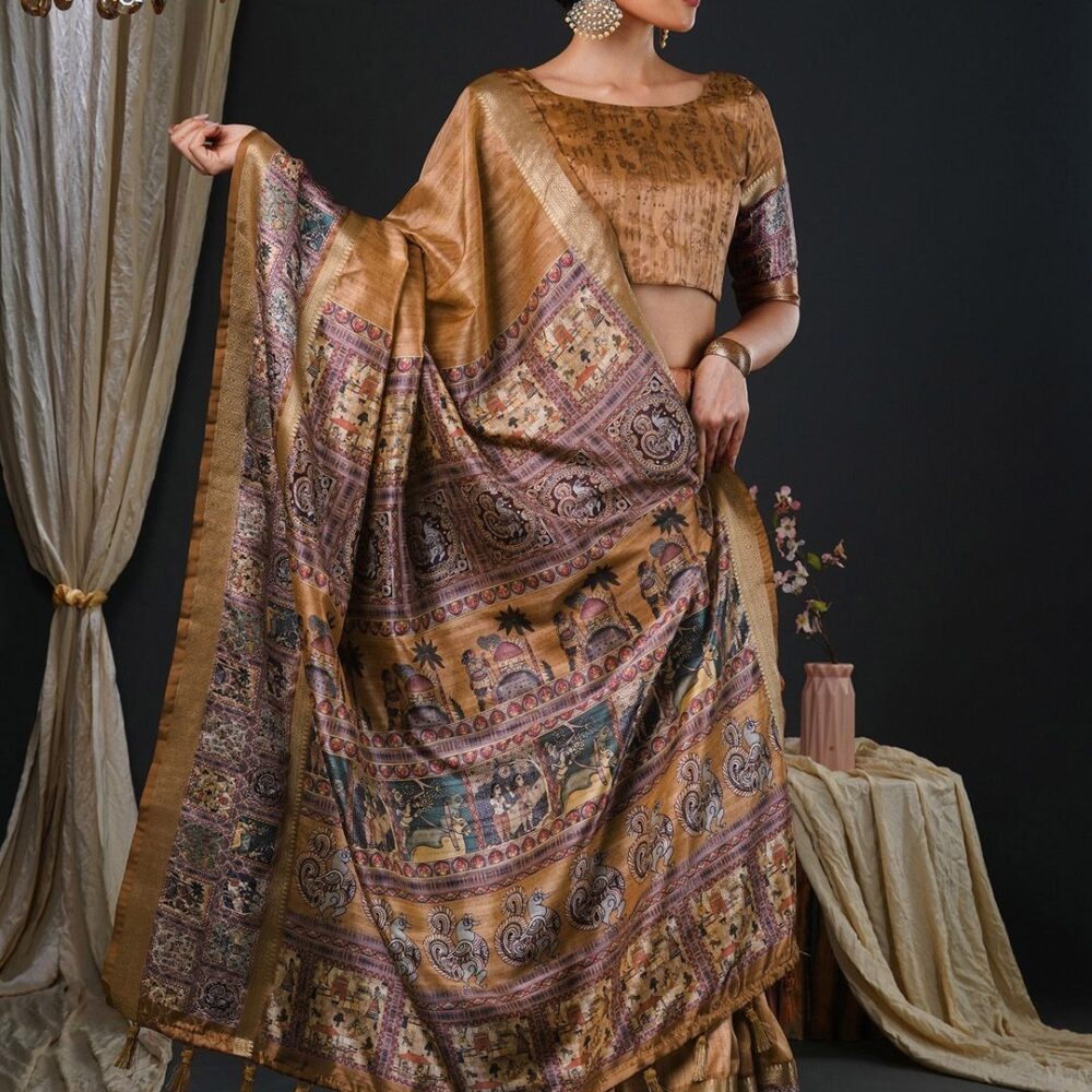 Product Details Design Details Charcoal and pink block print saree Kalamkari printed saree with woven design border Has zari detail The saree comes with an unstitched blouse piece The blouse worn by the model might be for modelling purpose only. Check the image of the blouse piece to understand how the actual blouse piece looks like. Size & Fit Length: 5.5 metres plus 0.8 metre blouse piece Width: 1.06 metres (approx.) Material & Care Saree fabric:Silk Blend Blouse fabric:Silk Blend Care:Machine Wash