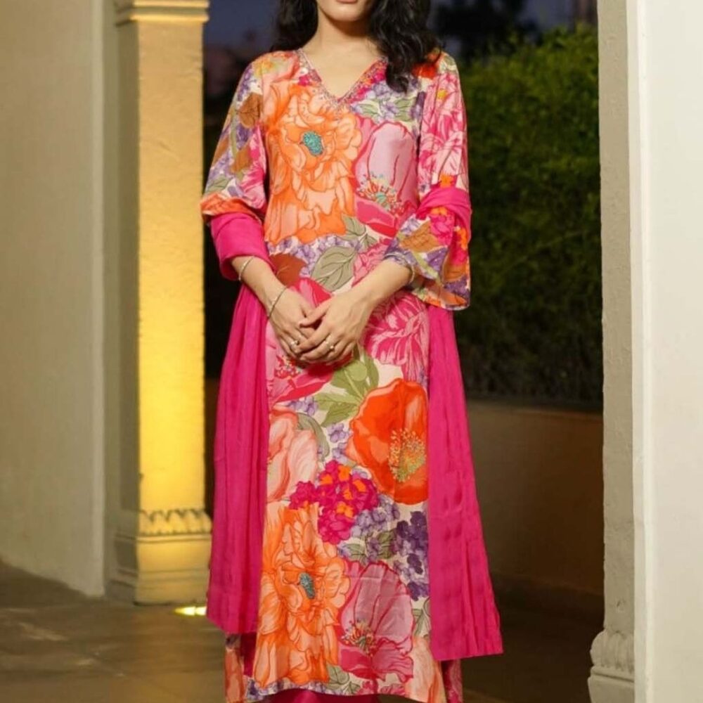Product Details Aaghnya Women's Pink Rayon Blend Printed Straight Kurta Set With Dupatta Size & Fit Dupatta length 2.25 metres and Width 0.9 metre Material & Care Fabric: Rayon Blend, Dry Clean Only