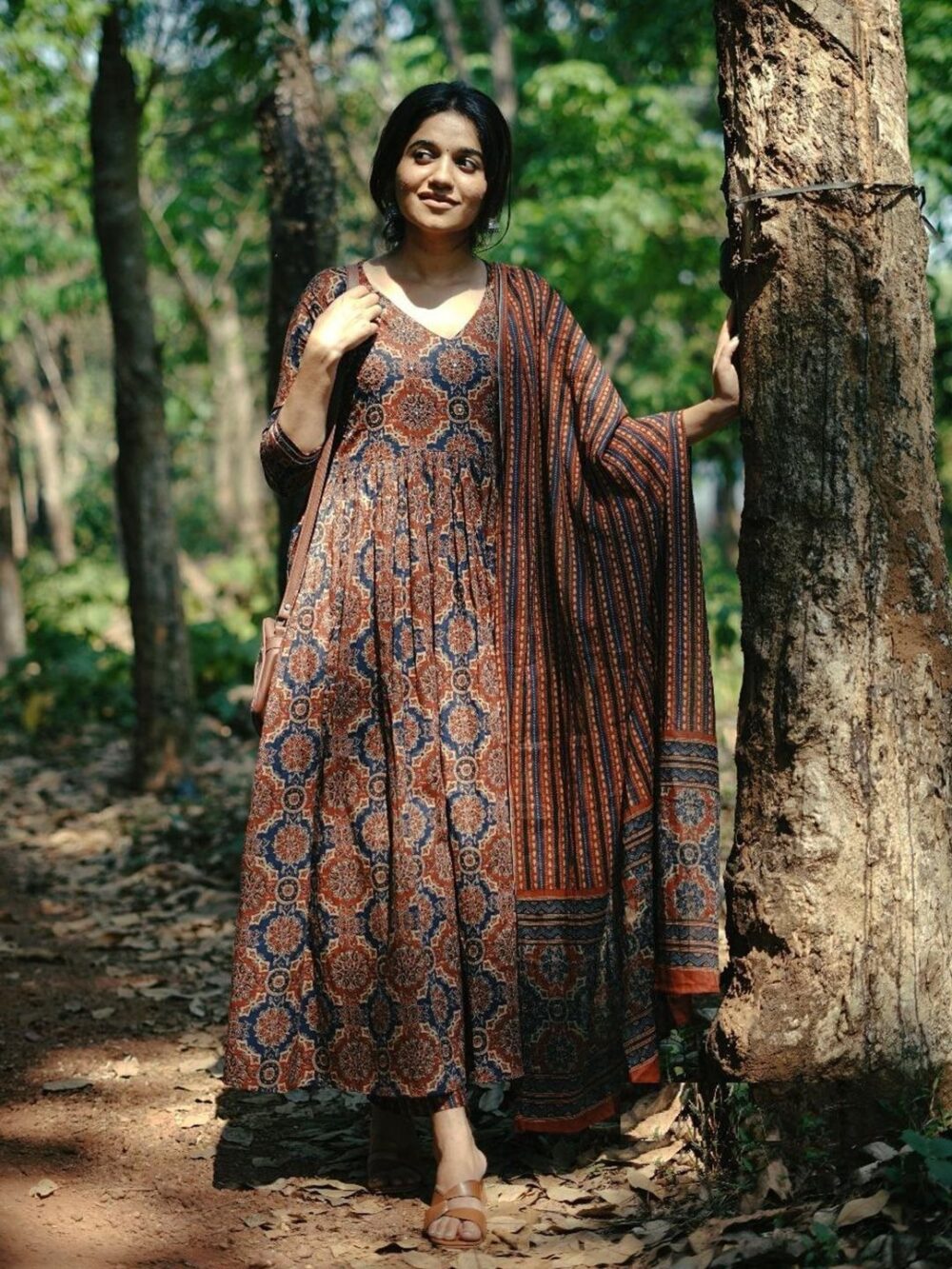Kurta design: Ethnic motifs embroidered Anarkali shape Regular style V-neck, three-quarter regular sleeves Thread work detail Calf length with straight hem Viscose rayon machine weave fabric Trousers design: Printed Trousers Elasticated waistband Dupatta Design : Printed Pattern Size & Fit The model (height 5'8) is wearing a size S Material & Care Kurta Fabric : Viscose Rayon Bottom Fabric : Viscose Rayon Dupatta Fabric : Pure Cotton Machine Wash