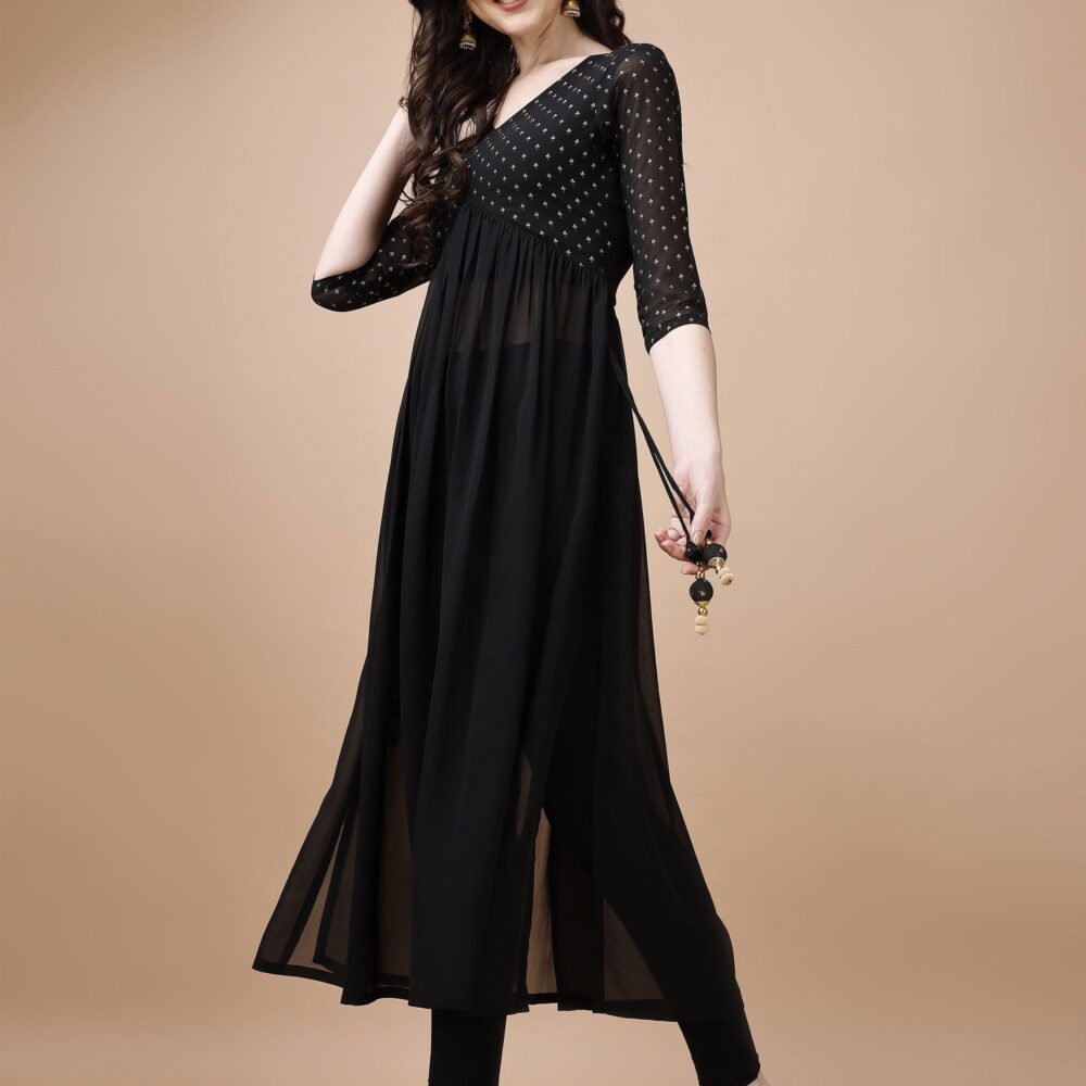 Product Details Colour: black Floral yoke design V-neck Three-quarter, regular sleeves A-line shape with pleated style Thread work detail Ankle length with flared hem Machine weave regular georgette Size & Fit The model (height 5'8) is wearing a size S Material & Care Georgette Dry Clean