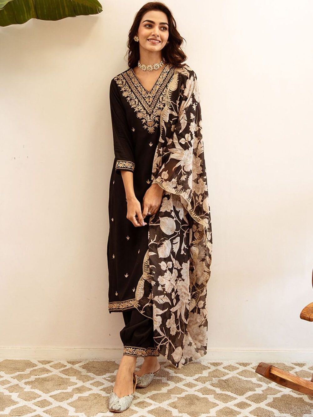 Shop Ethnic Motifs Embroidered Kurta with Salwar & Dupatta – elegant 3-piece festive wear with thread embroidery. Curated by Renu Baliyan, Nity Baliyan & Bharti Tomar.