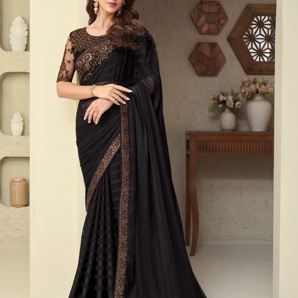 Dazzle in our Black & Gold-Toned Sequinned Silk Blend Saree β luxurious, bold & perfect for weddings, parties & receptions. Shop online today!