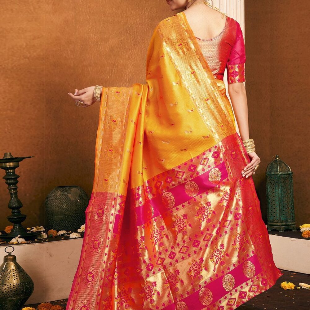 Product Details Design Details Green and gold-toned paithani saree Woven design saree with woven design border Has zari detail The saree comes with an unstitched blouse piece The blouse worn by the model might be for modelling purpose only. Check the image of the blouse piece to understand how the actual blouse piece looks like. Size & Fit Length: 5.5 metres plus 0.8 metre blouse piece Width: 1.06 metres (approx.) Material & Care Saree and Blouse Fabric : Silk Blend Hand Wash
