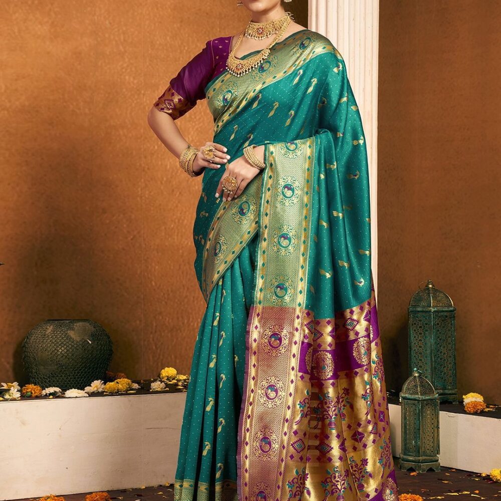 Product Details Design Details Green and gold-toned paithani saree Woven design saree with woven design border Has zari detail The saree comes with an unstitched blouse piece The blouse worn by the model might be for modelling purpose only. Check the image of the blouse piece to understand how the actual blouse piece looks like. Size & Fit Length: 5.5 metres plus 0.8 metre blouse piece Width: 1.06 metres (approx.) Material & Care Saree and Blouse Fabric : Silk Blend Hand Wash