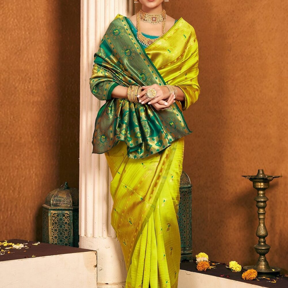 Product Details Design Details Green and gold-toned paithani saree Woven design saree with woven design border Has zari detail The saree comes with an unstitched blouse piece The blouse worn by the model might be for modelling purpose only. Check the image of the blouse piece to understand how the actual blouse piece looks like. Size & Fit Length: 5.5 metres plus 0.8 metre blouse piece Width: 1.06 metres (approx.) Material & Care Saree and Blouse Fabric : Silk Blend Hand Wash