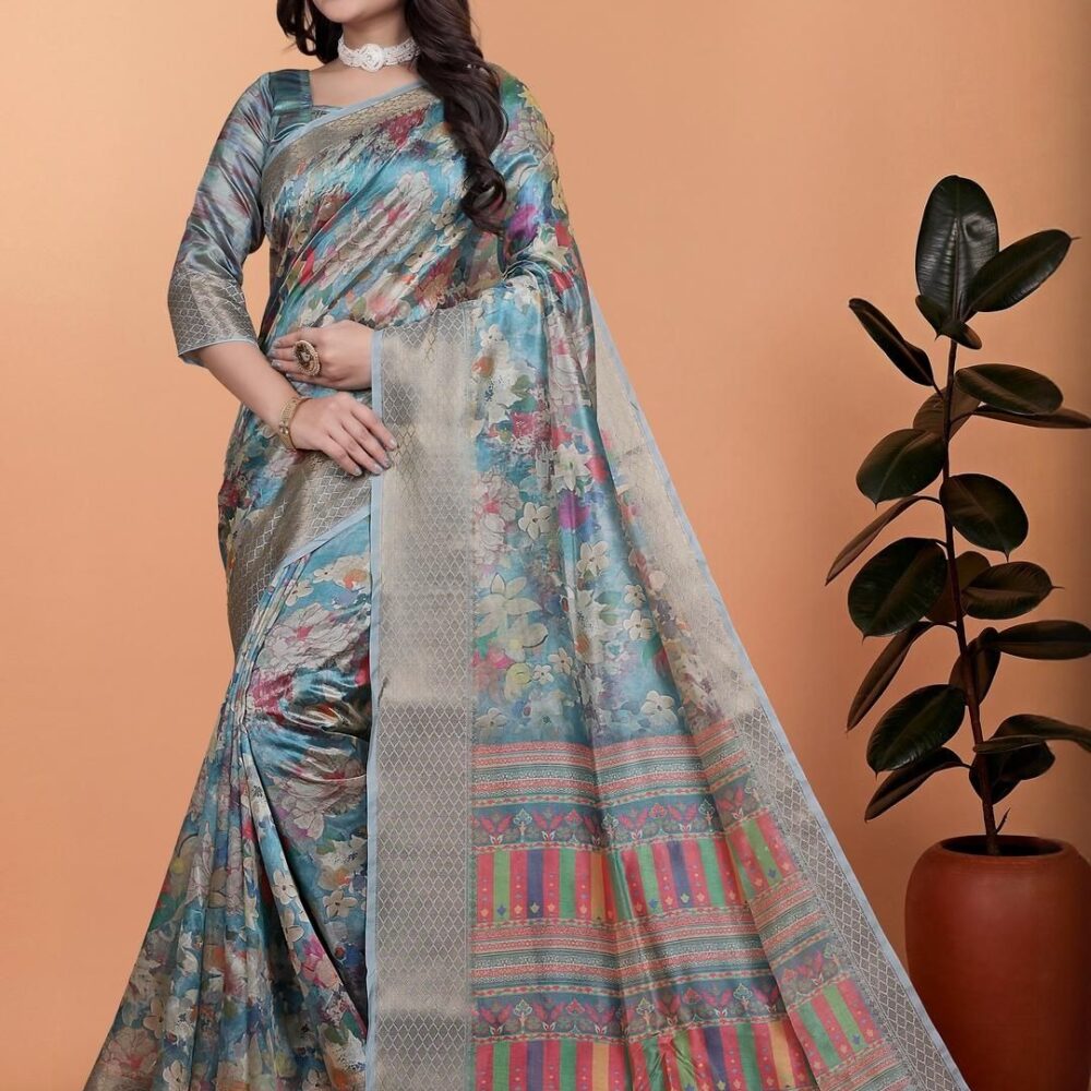 Product Details Women Blue Ethnic Motifs Zari Silk Blend Banarasi Saree With Blouse Piece Size & Fit Length: 5.5 metres plus 0.8 metre blouse piece Width: 1.06 metres (approx.) Material & Care fabric offers a luxurious feel with a smooth texture and a subtle sheen. The durability and comfort of blended fibers, making it lightweight, breathable, and easy to drape. This material ensures a refined look while maintaining ease of maintenance and wearability for various occasions.