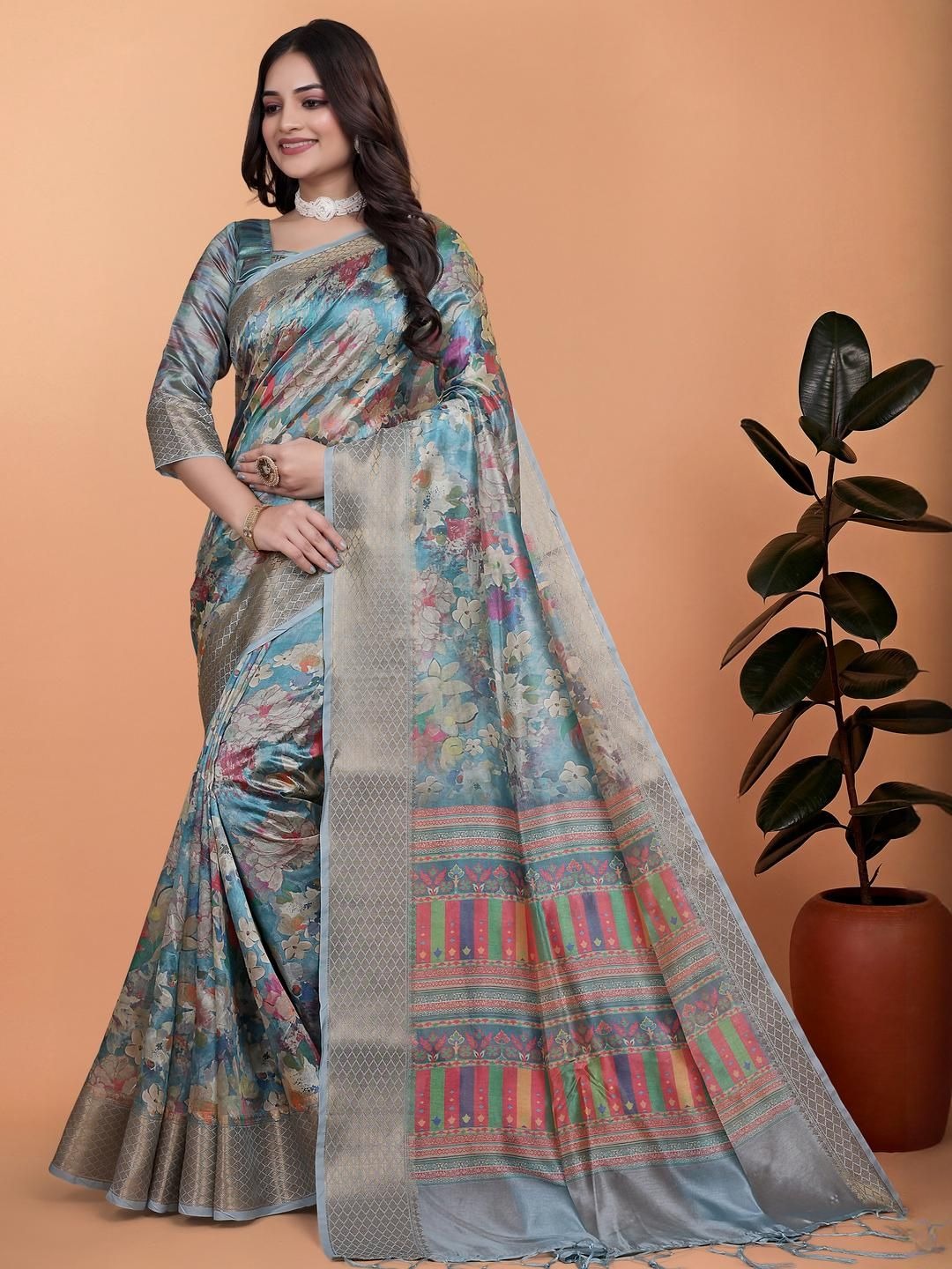 imgi_147_AI3EdbIT_92d42c737c1b4a6c91da679544f7afdb Product Details Women Blue Ethnic Motifs Zari Silk Blend Banarasi Saree With Blouse Piece Size & Fit Length: 5.5 metres plus 0.8 metre blouse piece Width: 1.06 metres (approx.) Material & Care fabric offers a luxurious feel with a smooth texture and a subtle sheen. The durability and comfort of blended fibers, making it lightweight, breathable, and easy to drape. This material ensures a refined look while maintaining ease of maintenance and wearability for various occasions.