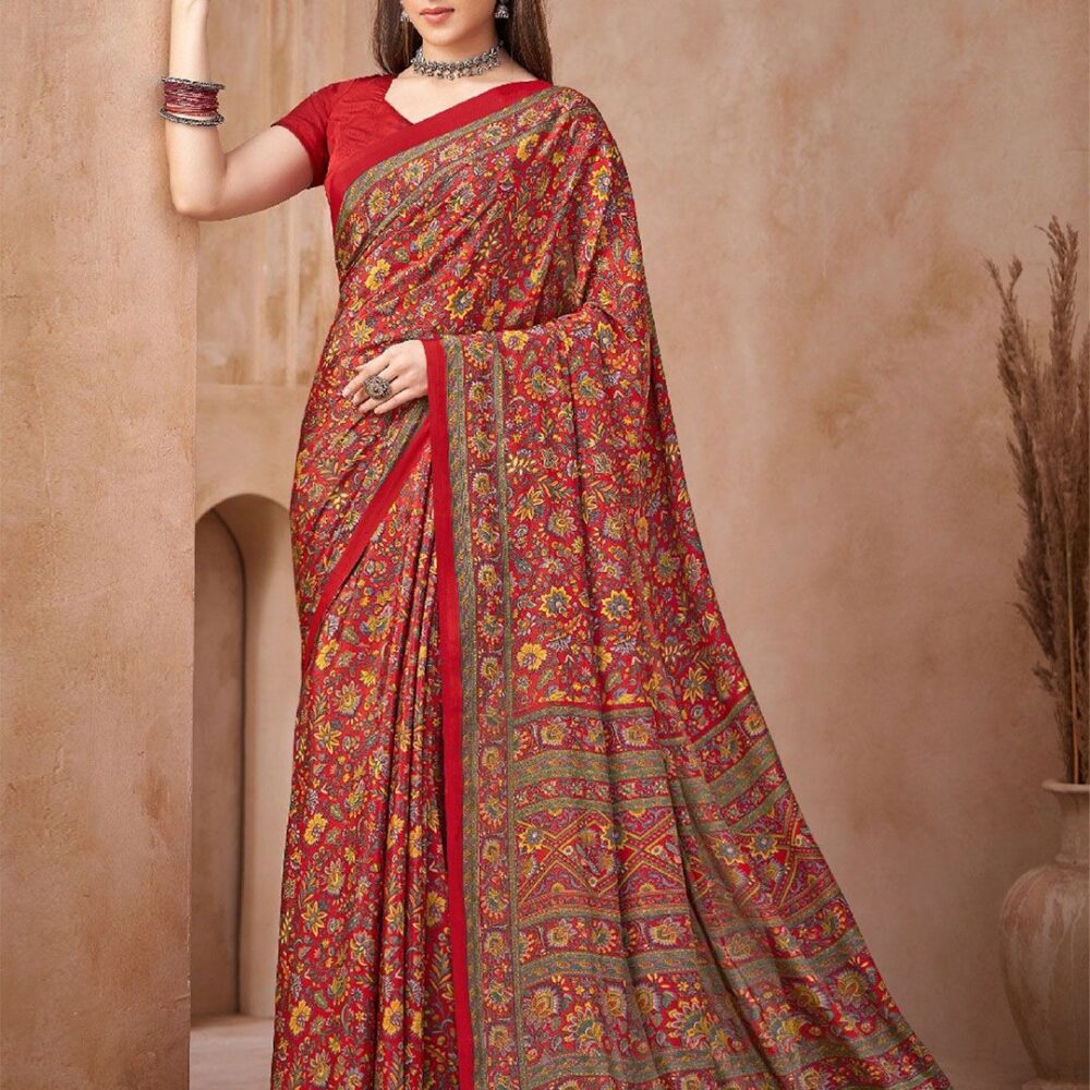 Product Details Design Details Red and yellow saree Ethnic motifs printed saree with printed border The saree comes with an unstitched blouse piece The blouse worn by the model might be for modelling purpose only. Check the image of the blouse piece to understand how the actual blouse piece looks like. Size & Fit Length: 5.5 metres plus 0.8 metre blouse piece Width: 1.06 metres (approx.) Material & Care Saree fabric:Poly Crepe Blouse fabric: Poly Crepe Dry Clean