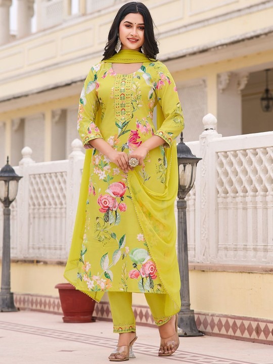 Product Details Yellow printed Kurta with Trousers with dupatta Kurta design: Floral Printed Straight shape Regular style Round Neck, three-quarter regular sleeves Calf length with straight hem Cotton blend machine weave fabric Trousers design: Solid Trousers Partially elasticated waistband Slip-on closure Dupatta design: Solid dupatta Solid border Size & Fit The model (height 5'8) is wearing a size S Material & Care Kurta Fabric: Cotton Blend Trouser Fabric: Cotton Blend Dupatta Fabric: Silk Chiffon Hand Wash