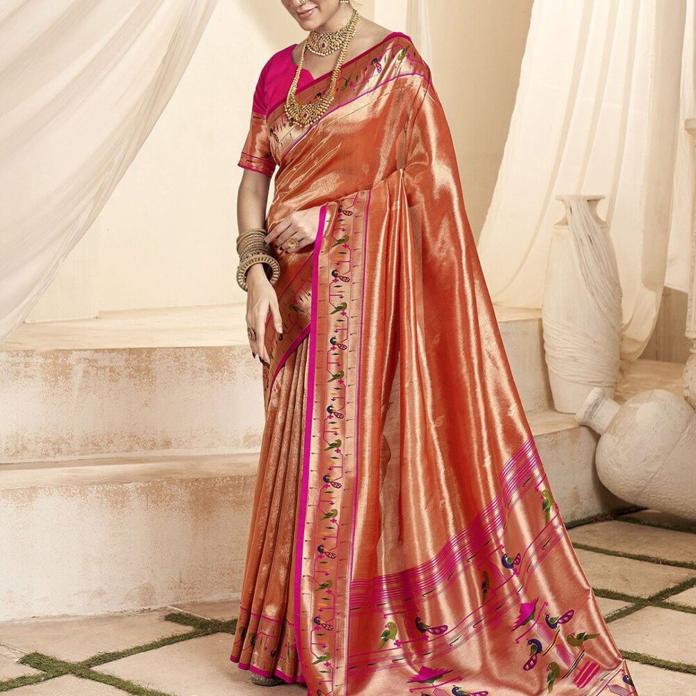 zari tissue saree, paithani silk saree, traditional Maharashtrian saree, bridal saree, handloom paithani.