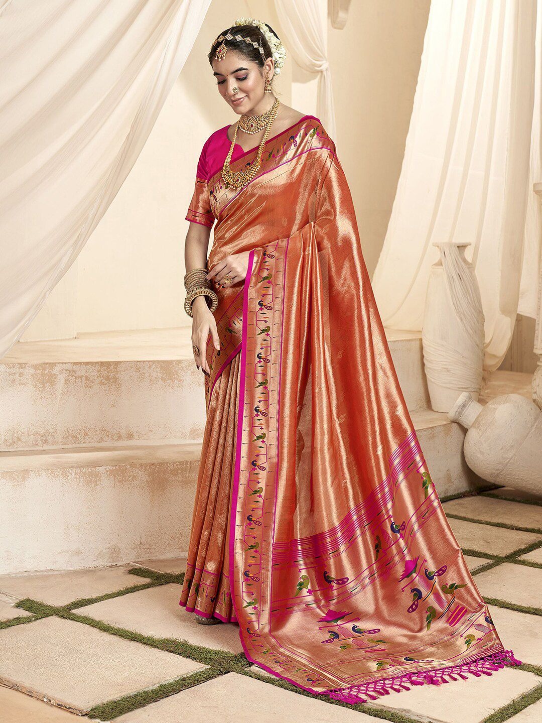 zari tissue saree, paithani silk saree, traditional Maharashtrian saree, bridal saree, handloom paithani.