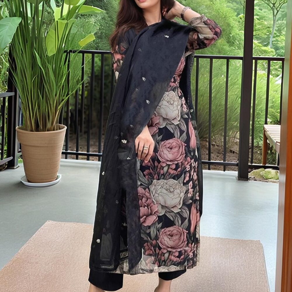 Product Details Aaghnya Women's Black Rayon Blend Printed Straight Kurta Set With Dupatta Size & Fit Dupatta length 2.25 metres and Width 0.9 metre Material & Care Fabric: Rayon Blend, Dry Clean Only