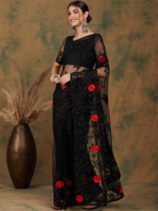 Net Black Floral Embroidered Saree β Elegant Party & Wedding Wear