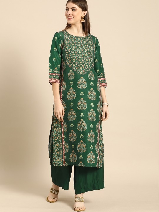 Product DetailsΒ  Green printed Kurta with Palazzos Kurta design: Ethnic motifs printed Straight shape Regular style Round neck, three-quarter regular sleeves Sequinned detail Calf length with straight hem Polyester machine weave fabric Palazzos design: Solid Palazzos Partially elasticated waistband Slip-on closure Size & Fit The model (height 5'8) is wearing a size S Material & Care Top fabric: Polyester Bottom fabric: Polyester Machine wash Β Β  Size To Fit Bust (in) Front Length (in) To Fit Waist (in) Inseam Length (in) XS 32.0 46.0 26.0 27.0 S 34.0 46.0 28.0 27.0