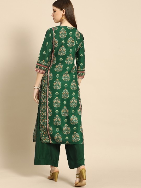 imgi_95_f8936c69-83fb-4520-b20c-dc3826eb24b41638450020675-Anouk-Women-Kurta-Sets-9601638450020165-6 Product Details  Green printed Kurta with Palazzos Kurta design: Ethnic motifs printed Straight shape Regular style Round neck, three-quarter regular sleeves Sequinned detail Calf length with straight hem Polyester machine weave fabric Palazzos design: Solid Palazzos Partially elasticated waistband Slip-on closure Size & Fit The model (height 5'8) is wearing a size S Material & Care Top fabric: Polyester Bottom fabric: Polyester Machine wash    Size To Fit Bust (in) Front Length (in) To Fit Waist (in) Inseam Length (in) XS 32.0 46.0 26.0 27.0 S 34.0 46.0 28.0 27.0